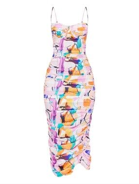 Pretty Little Thing Multi Abstract Print Asymmetric Detail Ruched Dress